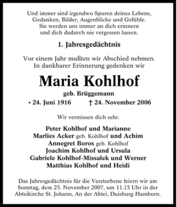 Traueranzeige von Maria Kohlhof von Tageszeitung
