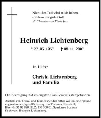Traueranzeige von Heinrich Lichtenberg von Tageszeitung