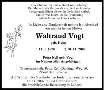 Traueranzeige von Waltraud Vogt von Tageszeitung