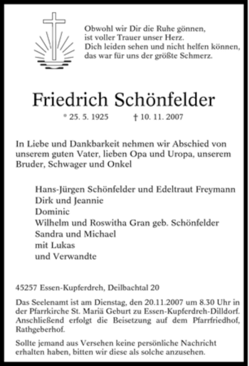 Traueranzeige von Friedrich Schönfelder von Tageszeitung