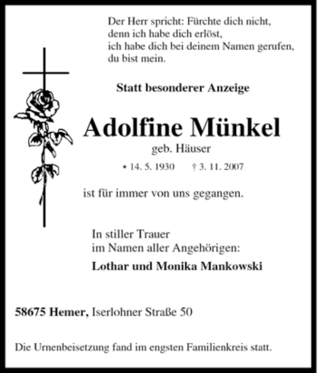 Traueranzeige von Adolfine Münkel von Tageszeitung