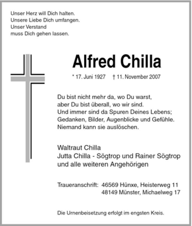  Traueranzeige für Alfred Chilla vom 17.11.2007 aus Tageszeitung