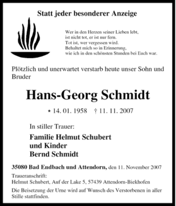 Traueranzeige von Hans-Georg Schmidt von Tageszeitung