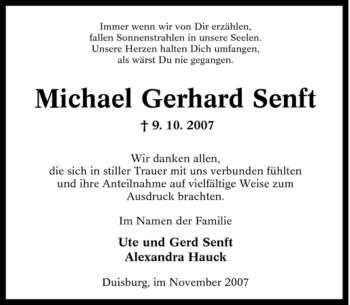 Traueranzeige von Michael Gerhard Senft von Tageszeitung