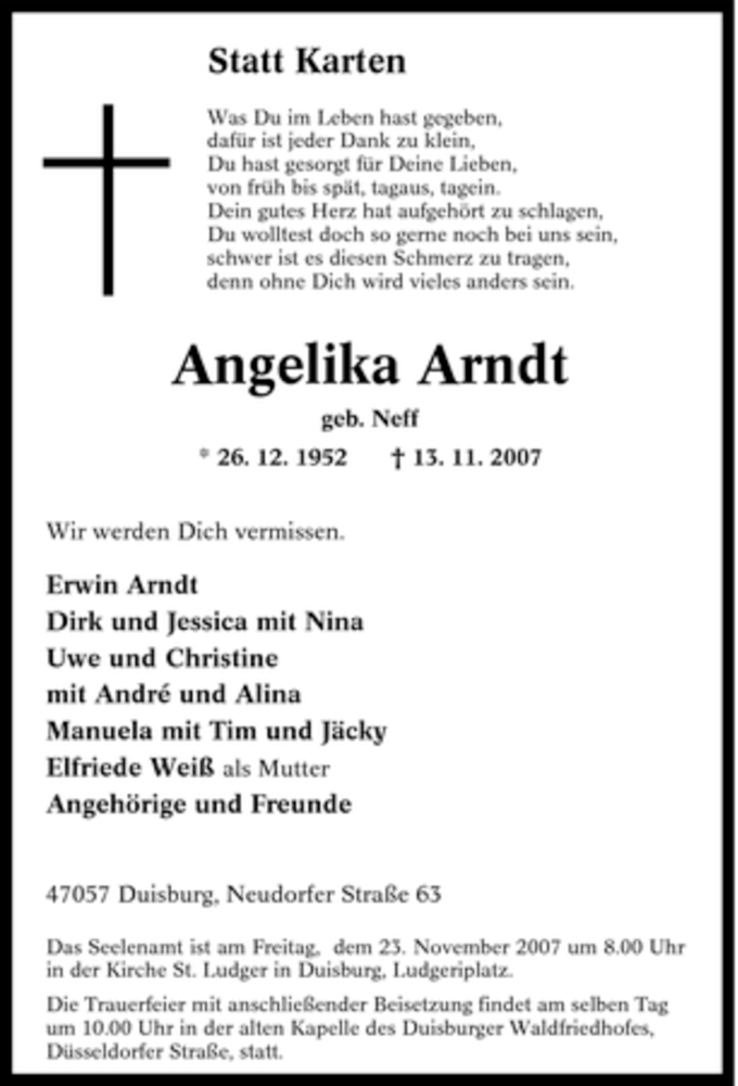  Traueranzeige für Angelika Arndt vom 17.11.2007 aus Tageszeitung