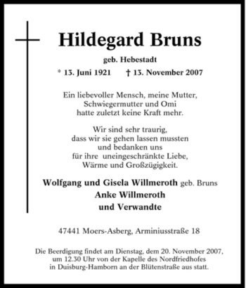 Traueranzeige von Hildegard Bruns von Tageszeitung