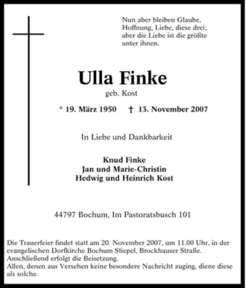 Traueranzeige von Ulla Finke von Tageszeitung