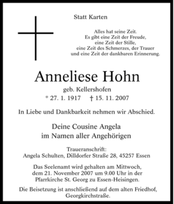 Traueranzeige von Anneliese Hohn von Tageszeitung
