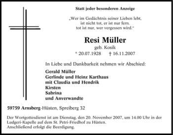 Traueranzeige von Resi Müller von Tageszeitung