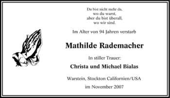 Traueranzeige von Mathilde Rademacher von Tageszeitung
