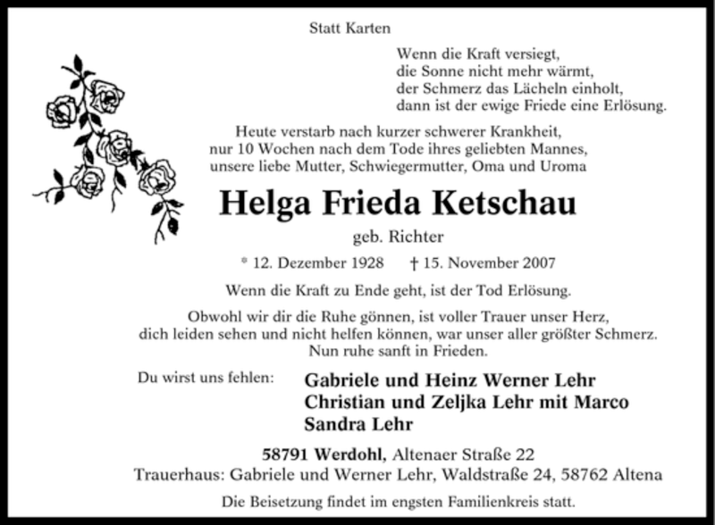  Traueranzeige für Helga Frieda Ketschau vom 17.11.2007 aus Tageszeitung