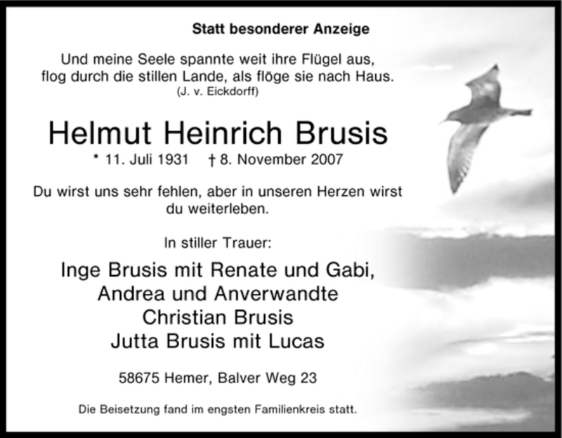 Traueranzeige für Helmut Heinrich Brusis vom 17.11.2007 aus Tageszeitung