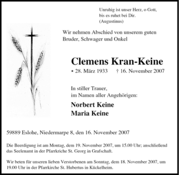 Traueranzeige von Clemens Kran-Keine von Tageszeitung