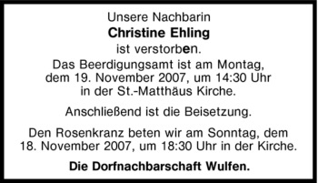 Traueranzeige von Christine Ehling von Tageszeitung