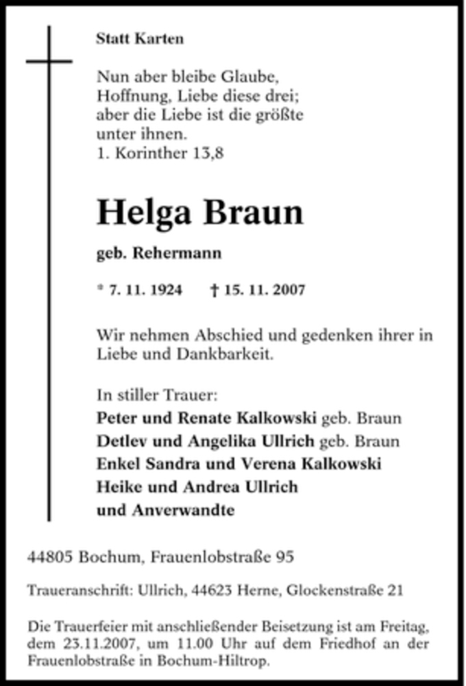  Traueranzeige für Helga Braun vom 17.11.2007 aus Tageszeitung