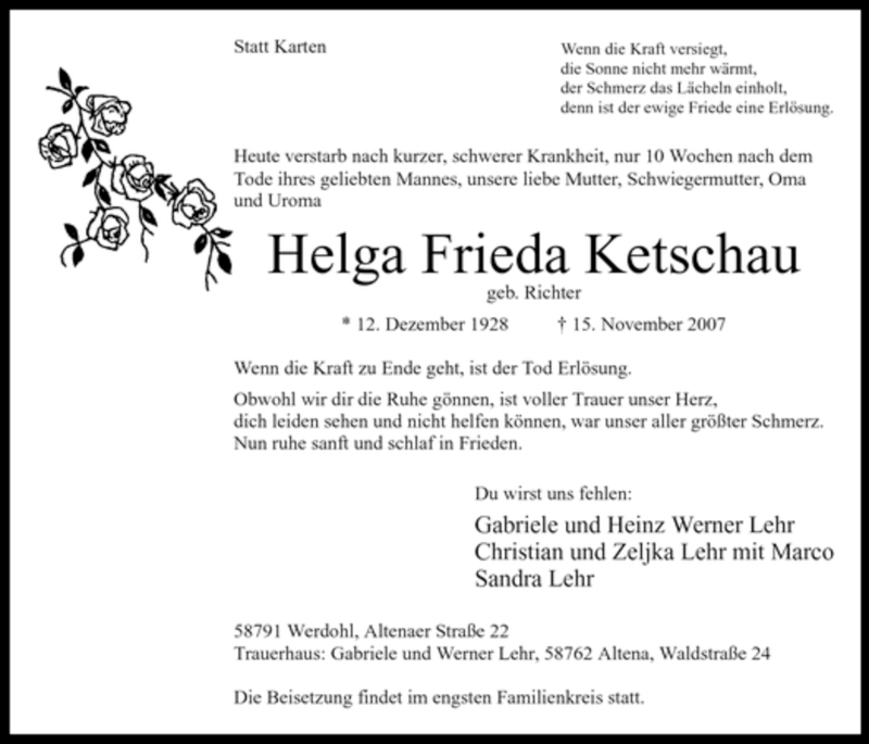  Traueranzeige für Helga Frieda Ketschau vom 17.11.2007 aus Tageszeitung