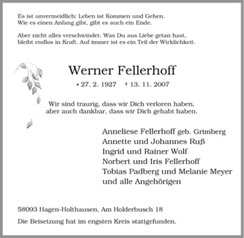 Traueranzeige von Werner Fellerhoff von Tageszeitung