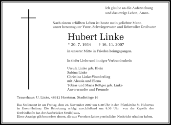Traueranzeige von Hubert Linke von Tageszeitung