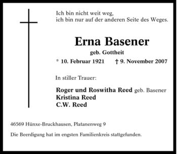 Traueranzeige von Erna Basener von Tageszeitung