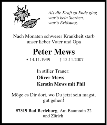 Traueranzeige von Peter Mews von Tageszeitung