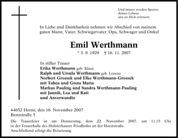 Traueranzeige von Emil Werthmann von Tageszeitung