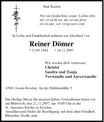 Traueranzeige von Reiner Dömer von Tageszeitung