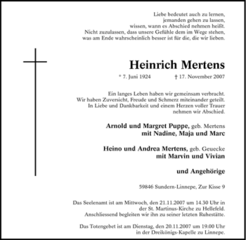 Traueranzeige von Heinrich Mertens von Tageszeitung