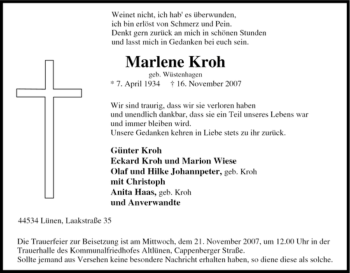 Traueranzeige von Marlene Kroh von Tageszeitung