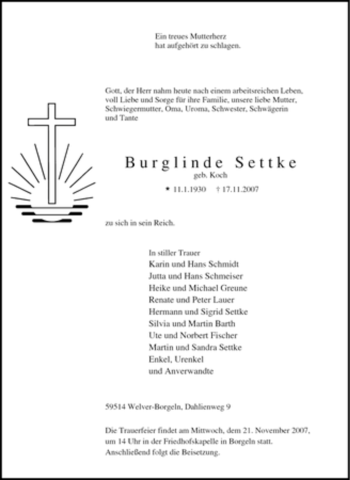 Traueranzeige von Burglinde Settke von Tageszeitung