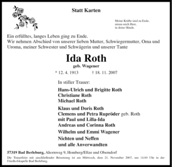 Traueranzeige von Ida Roth von Tageszeitung