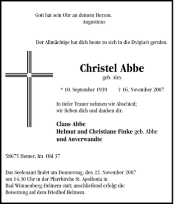 Traueranzeige von Christel Abbe von Tageszeitung