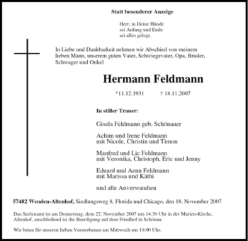 Traueranzeige von Hermann Feldmann von Tageszeitung