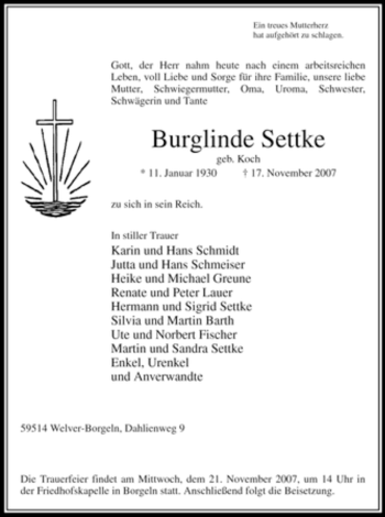 Traueranzeige von Burglinde Settke von Tageszeitung