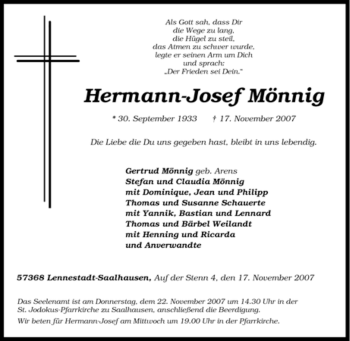 Traueranzeige von Hermann-Josef Mönnig von Tageszeitung