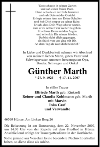 Traueranzeige von Günther Marth von Tageszeitung
