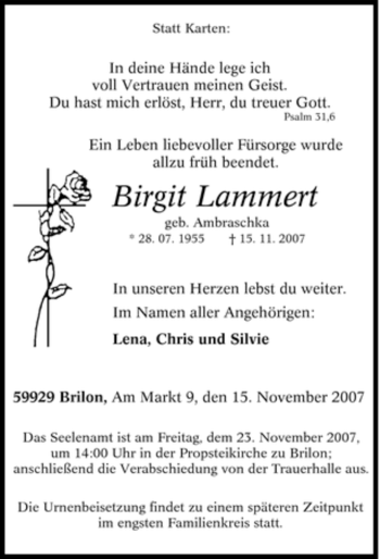 Traueranzeige von Birgit Lammert von Tageszeitung