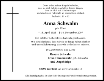 Traueranzeige von Anna Schwalm von Tageszeitung