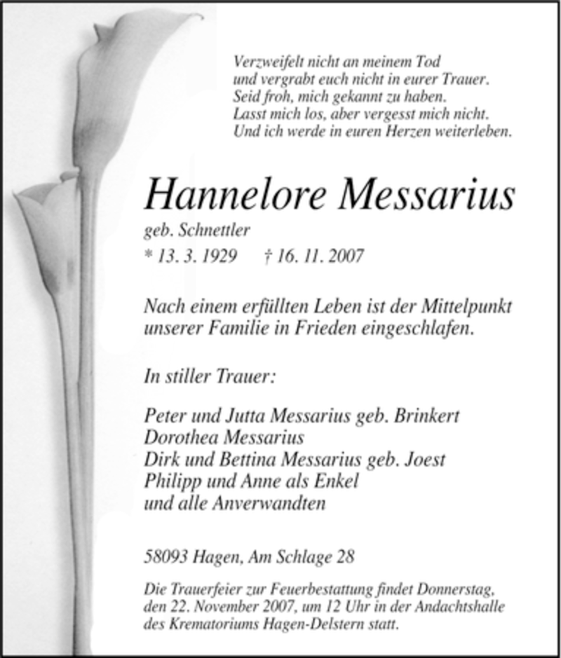  Traueranzeige für Hannelore Messarius vom 20.11.2007 aus Tageszeitung