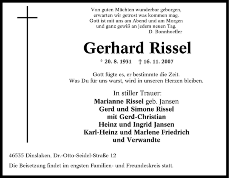  Traueranzeige für Gerhard Rissel vom 20.11.2007 aus Tageszeitung