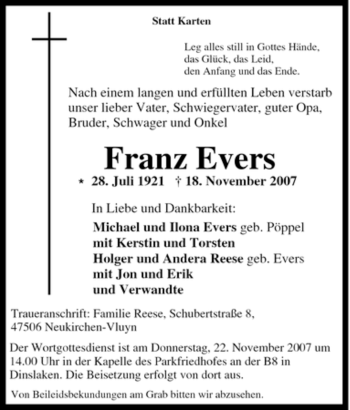 Traueranzeige von Franz Evers von Tageszeitung