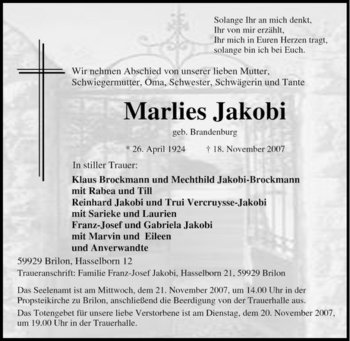Traueranzeige von Marlies Jakobi von Tageszeitung
