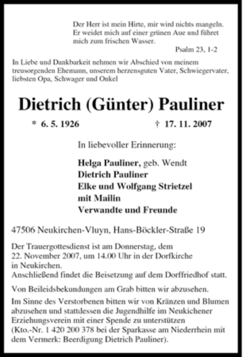 Traueranzeige von Dietrich Pauliner von Tageszeitung
