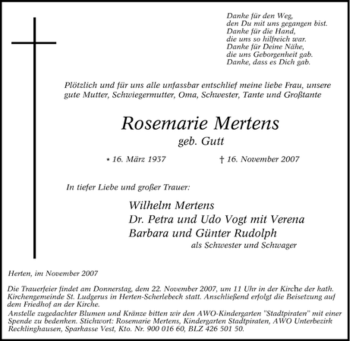 Traueranzeige von Rosemarie Mertens von Tageszeitung