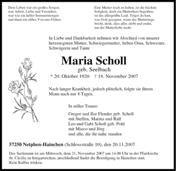 Traueranzeige von Maria Scholl von Tageszeitung