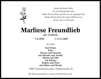 Traueranzeige von Marliese Freundlieb von Tageszeitung