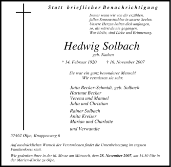 Traueranzeige von Hedwig Solbach von Tageszeitung
