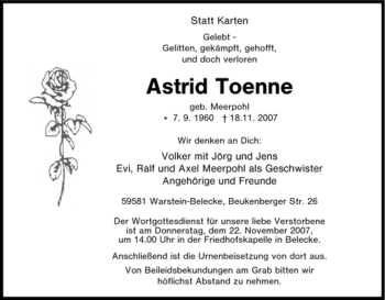 Traueranzeige von Astrid Toenne von Tageszeitung