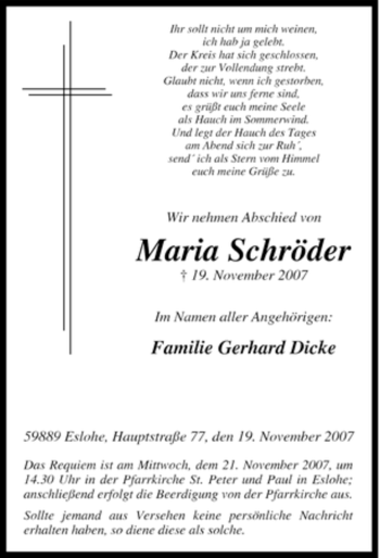 Traueranzeige von Maria Schröder von Tageszeitung