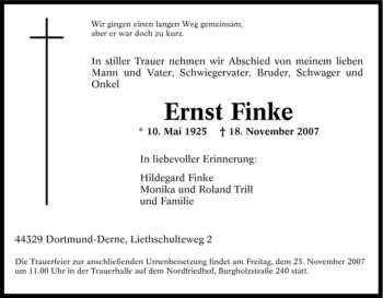 Traueranzeige von Ernst Finke von Tageszeitung