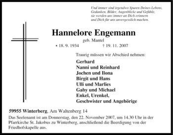 Traueranzeige von Hannelore Engemann von Tageszeitung